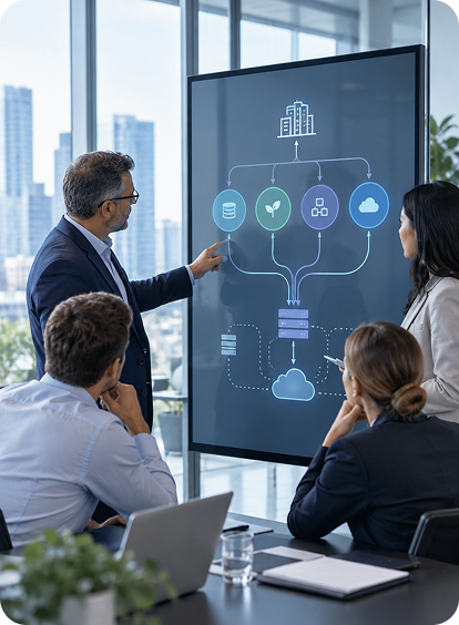 Consultant explaining an SAP migration path diagram on a screen to colleagues