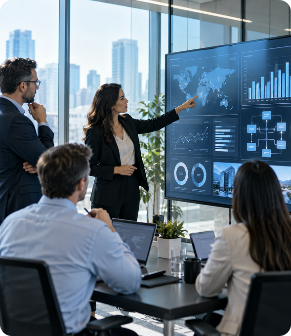 Team reviewing business analytics dashboards on a large screen