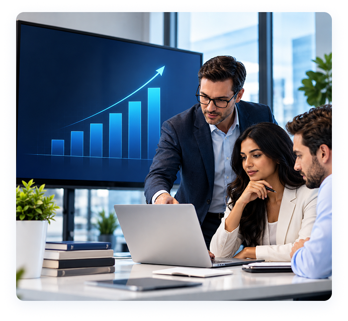 Consultants reviewing a business growth chart on a laptop