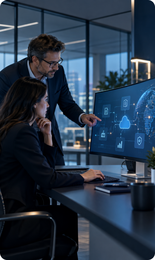 Two professionals reviewing a cloud data flow on a monitor