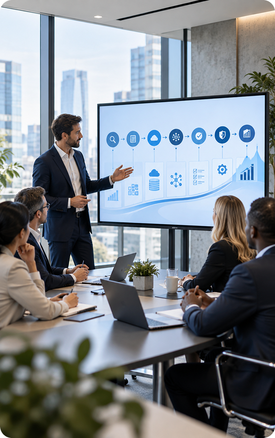 Consultant presenting an end-to-end SAP transformation roadmap to a team