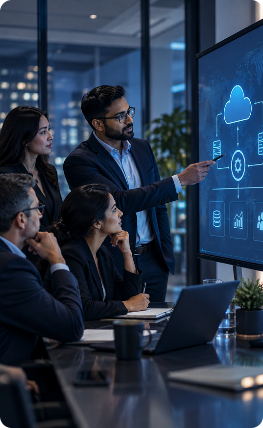 SAP consultant presenting a cloud integration architecture to colleagues